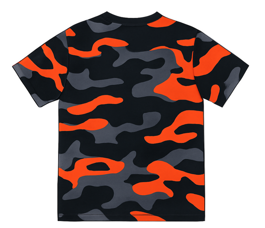 Camo t-shirt with red and black pattern on a gray background