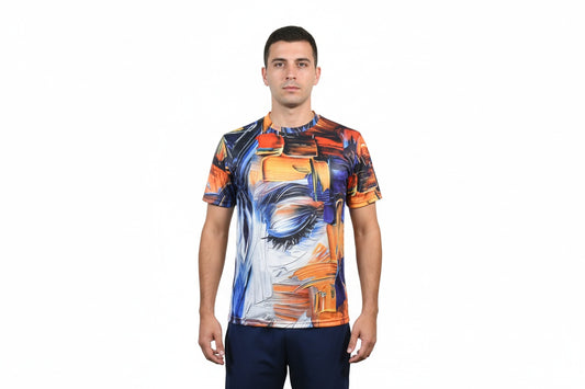 Man wearing a colorful patterned shirt on a white background