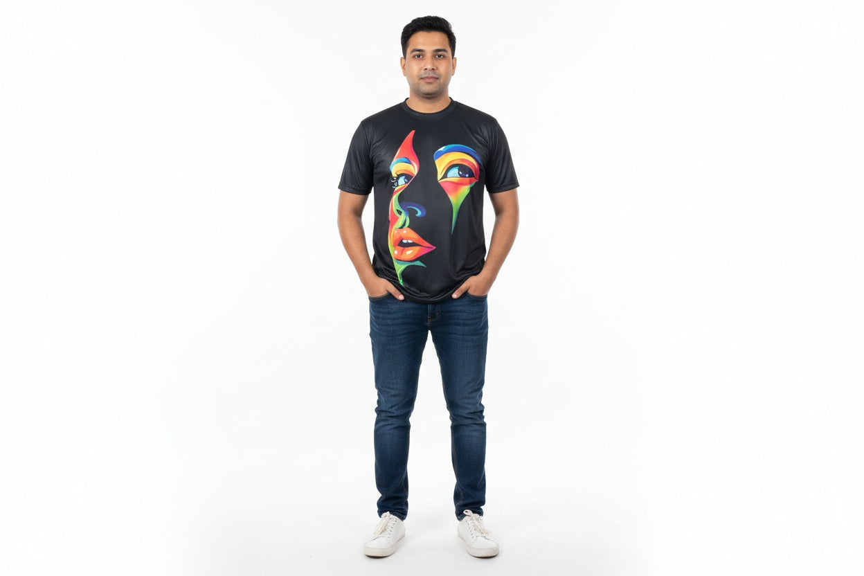 Men’s & Women’s Colorful Face Print Sublimation T-Shirt – Interlock Fabric, 170–180 GSM, Customizable, S–XL By Games Brother