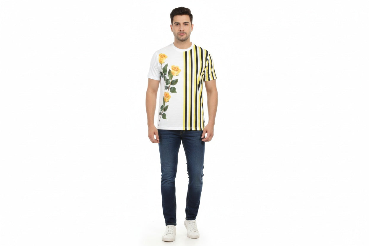 Yellow Rose Flower & Stripe Print Sublimation T-Shirt – PPC Jersey Fabric, 160–170 GSM, Customizable, S–XL By Games Brother